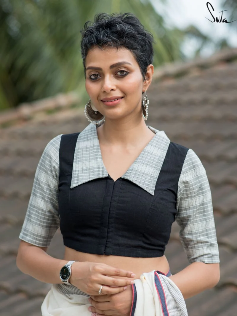 Black Cotton Elbow Sleeve Blouse With V Neck